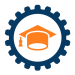 Graduation cap icon in orange inside a blue gear.