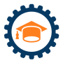 Graduation cap icon in orange inside a blue gear, representing education and higher education.
