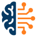Half brain icon in blue paired with orange circuit lines, representing AI and human intelligence working together.