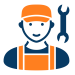 Stylized technician wearing an orange cap and apron, with a blue wrench beside them.