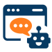 Icon of a chatbot interacting with a web browser window, showing an orange speech bubble and a smiling robot face.