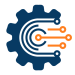 Gear icon combined with digital circuit lines in orange.