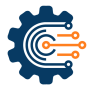 Gear icon combined with digital circuit lines in orange, representing high tech, software, and IT solutions.