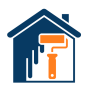 House outline in blue with an orange paint roller inside, representing home services.