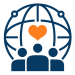 Three people icons in front of a globe outline with an orange heart above them.