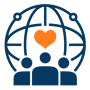 Three people icons in front of a globe outline with an orange heart above them, symbolizing nonprofit.