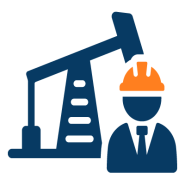 Oil & gas icon beside a person in a suit wearing an orange hard hat, representing the oil and gas industry.