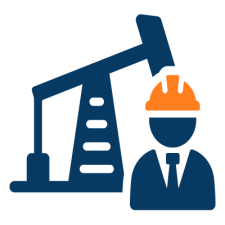 Oil & gas icon beside a person in a suit wearing an orange hard hat, representing the oil and gas industry.