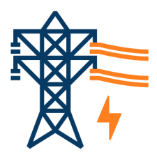Electric transmission tower in blue with orange power lines and a lightning bolt symbol, representing energy and utilities.
