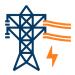 Electric transmission tower in blue with orange power lines and a lightning bolt symbol.