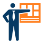 Person icon in blue pointing to an orange presentation board with blocks and lines.