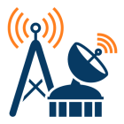 telecommunication tower and satellite dish icons in blue with orange signal waves, representing connectivity and wireless transmission.
