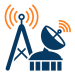 telecommunication tower and satellite dish icons in blue with orange signal waves.