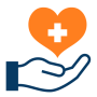 Hand icon holding an orange heart with a medical cross, representing healthcare and life sciences.