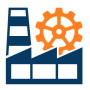 Factory building icon in blue with an orange gear above it, representing manufacturing and industrial operations.