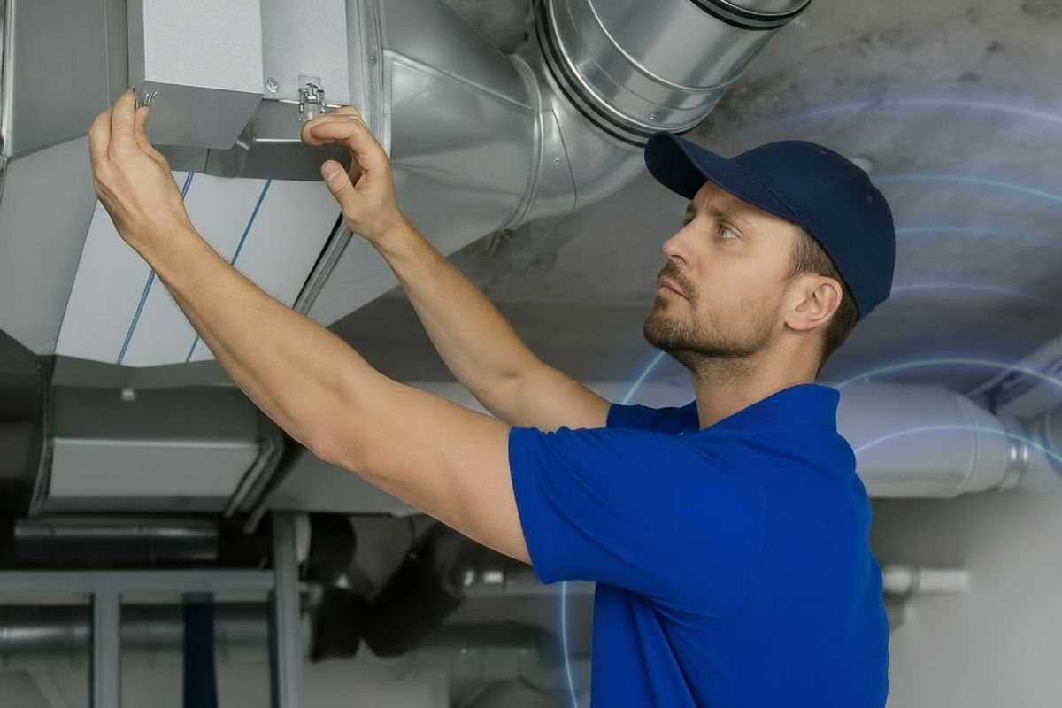 Field technician in a blue uniform and cap inspecting and adjusting HVAC ductwork on a ceiling.