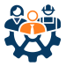 Icon showing a central business professional inside a gear, with support and field worker figures, representing coordinated sales and service operations.