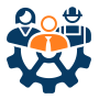 Icon showing a central business professional inside a gear, with support and field worker figures, representing coordinated sales and service operations.
