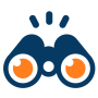 Binoculars icon with orange lenses, symbolizing visibility and insight in a Data 360 assessment.