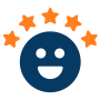 Smiling face icon surrounded by five stars, representing positive outcomes and user satisfaction in a Data 360 program.