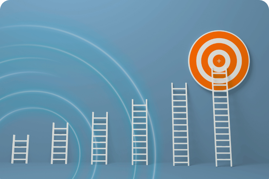 Series of ascending white ladders leading toward an orange target, symbolizing progress and goal-setting in a Data 360 strategy.