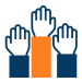 Icon showing three raised hands, representing collaboration, engagement, and shared participation across teams and customers.