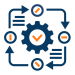 Icon of a gear surrounded by circular arrows and check marks, representing automated workflows and connected service processes.