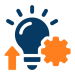 Icon of a light bulb with an upward arrow and gear, representing innovation, improvement, and optimized service processes.