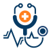 Stethoscope icon with an orange medical cross and heartbeat line, representing a business health check.