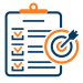 Icon showing a clipboard with checkmarks and a target, representing compliance review, performance assessment, and quality improvement.