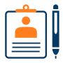 Icon of a clipboard with a user profile next to a pen.