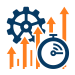 Icon of a gear and stopwatch with upward arrows representing productivity and performance improvement.