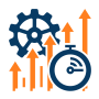 Icon of a gear and stopwatch with upward arrows representing productivity and performance improvement.