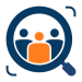 Icon of a magnifying glass highlighting three people, symbolizing staffing and consulting services.