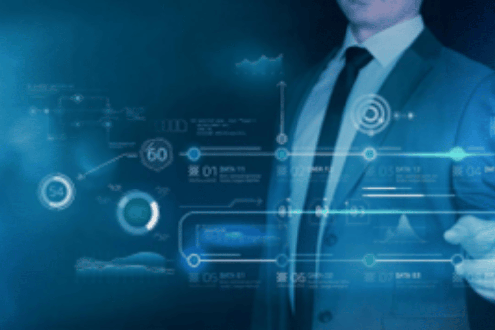 Business professional in a suit interacting with a futuristic blue digital interface.