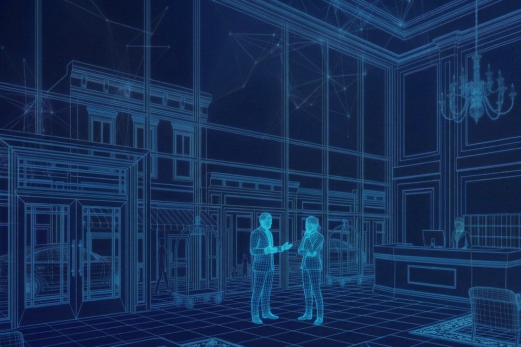 Abstract visualization of composable AI agent deployment architecture with interconnected layers representing orchestration, data, and user interfaces