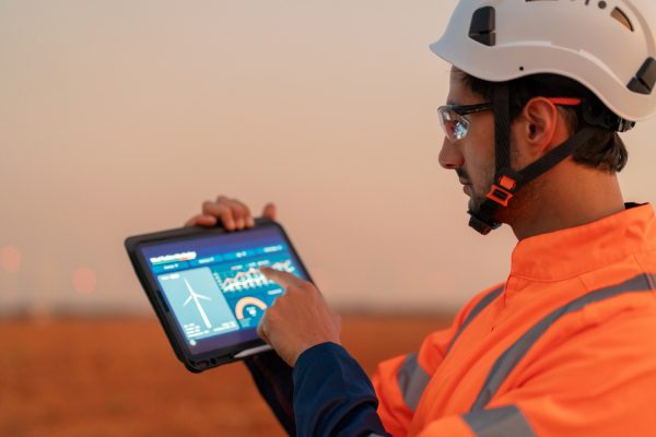 Field service technician using a tablet on site, supported by field service AI