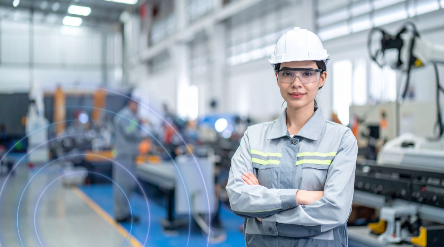 Women with safety helmet and glasses in a manufacturing plant