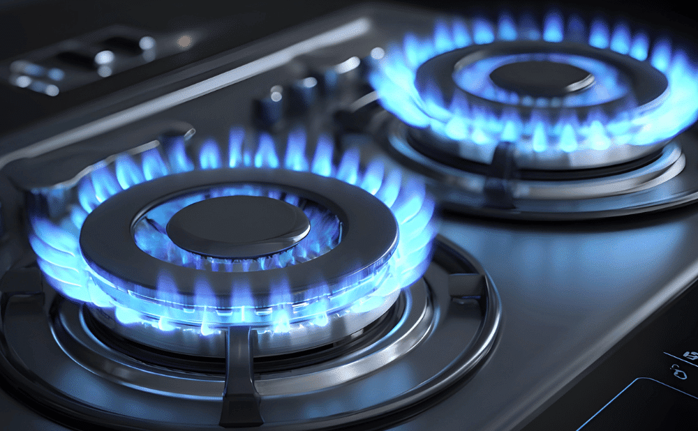 Two natural Gas Stove Elements Burning Flames