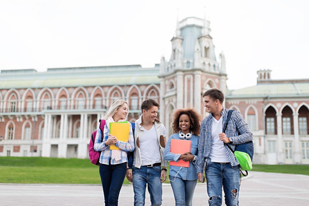 Students walking together on a university campus.
