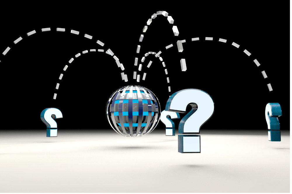 3D question marks surrounding a digital globe with connected paths.