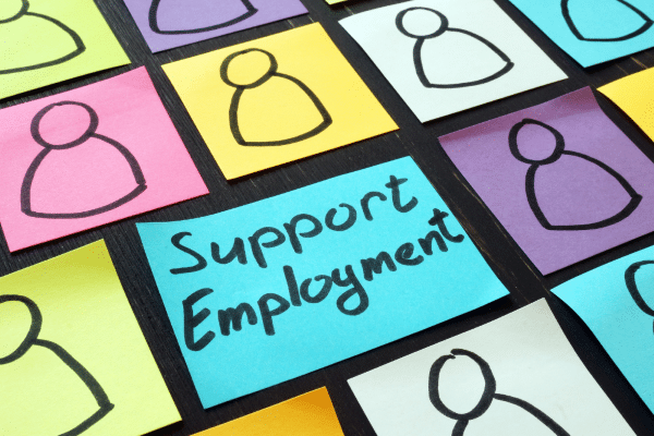 Colorful notes with people icons surrounding “Support Employment.”